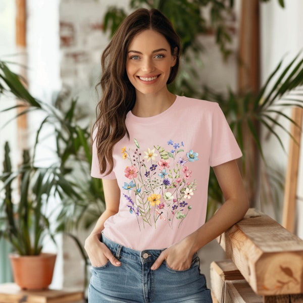 Whimsical Botanical Watercolor "Wildflowers Serenity" Women's Soft Cotton T-Shirt