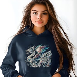 May include: A navy blue hoodie with a colorful, detailed dragon graphic on the front. The dragon has wings and a long tail.