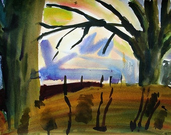 Original Aquarellmalerei - Silhouette Bäume vor einem Abendhimmel