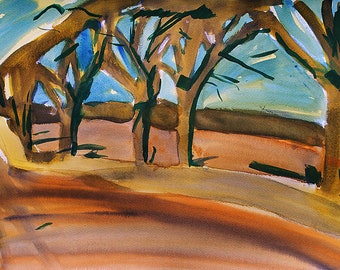 Origineel aquarelschilderij - Bomen in een bruin veld