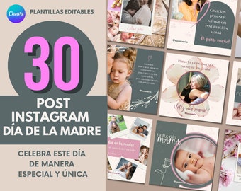 Exclusivo pack de 30 plantillas editables de canva para el Día de la madre, plantillas post de instagram para el día de la madre, premium