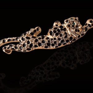 Vintage Leopard Brooch Pin, Large Rhinestone Panther Brooch, Crystals Gold Tone Animal Themed Jungle Cat Jewelry, Gift for Her