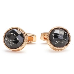 Vintage Gold Round Gemstone Cufflinks | Black Stone Initial Cufflinks for Men | Luxury Suit Shirt Accessories | Wedding Groom Gift