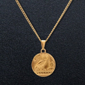 Gold Athena Owl Coin Necklace – Ancient Greek Goddess Medallion Pendant – Mythology-Inspired Owl Charm, Symbol of Wisdom Jewelry