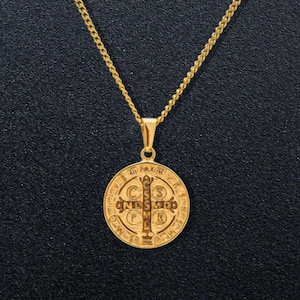 St. Benedict Medal Necklace in Gold – San Benito Religious Cross Pendant – Catholic Protection Amulet Charm, Exorcism Jewelry