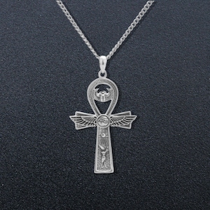 Ankh Necklace | Ancient Egyptian Cross Pendant | Men&#39;s Silver Key of Life Jewelry | African Protection Charm Chain Gift for Women Men