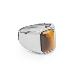 Tiger&#39;s Eye Ring | Signet Ring with Genuine Tiger Eye Gemstone | Minimalist Square Sterling Silver Statement Ring for Men