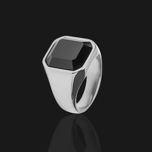 Zegelring van zwarte onyx | Sterlingzilveren vierkante statementring | Sierlijke natuurlijke edelsteenring voor heren