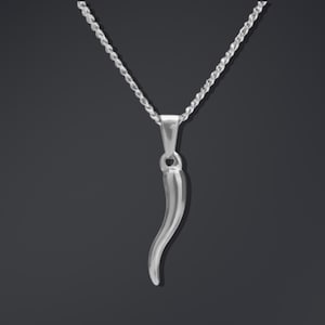 Silver Italian Horn Necklace – Cornicello Amulet Pendant – Italian Cornetto Charm for Good Luck and Protection – Unisex Jewelry