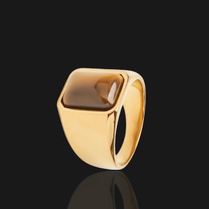 Tiger&#39;s Eye Ring | Gold Signet Ring with Genuine Tiger Eye Gemstone | Minimalist Square Sterling Silver Statement Ring for Men