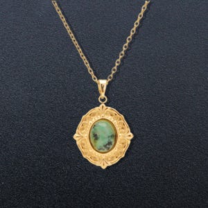 Yellow Gold Turquoise Necklace | Oval Blue Natural Turquoise Pendant | Sterling Silver Gemstone Charm | Round Shape Chain Jewelry