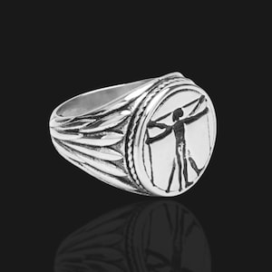 Silver Vitruvian Man Signet Ring | Leonardo da Vinci Statement Ring | Renaissance Art Jewelry Gift for Men