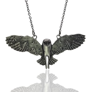 Antique Barn Owl Necklace-Silver Mountain Scene Night Owl Pendant-Night Sky Forest Landscape on Owl Feather Gothic Nocturnal Bird.