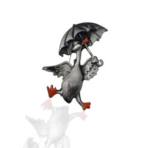 Whimsical Goose Brooch with Umbrella – Vintage Style Bird Pin in Silver & Gold Tones, Cute Animal Jewelry Gift for Her