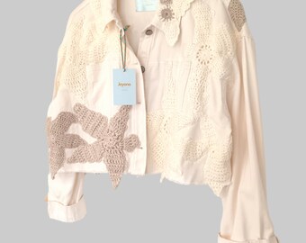 Hand-Knitted Denim Jacket: Unique Crochet Embellishments (Size L)