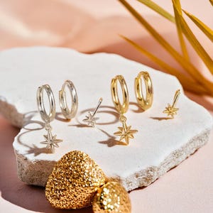 Set of 3pcs Minimalist Earrings, Dangling Star Hoops, Huggie Earrings with Charm, Dainty Design, Birthday Present for Wife, Womens Accessory