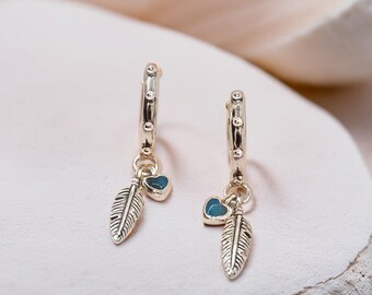 Sterling Silver Feather Drop Earrings, Blue Enamel Heart, Boho Dangle