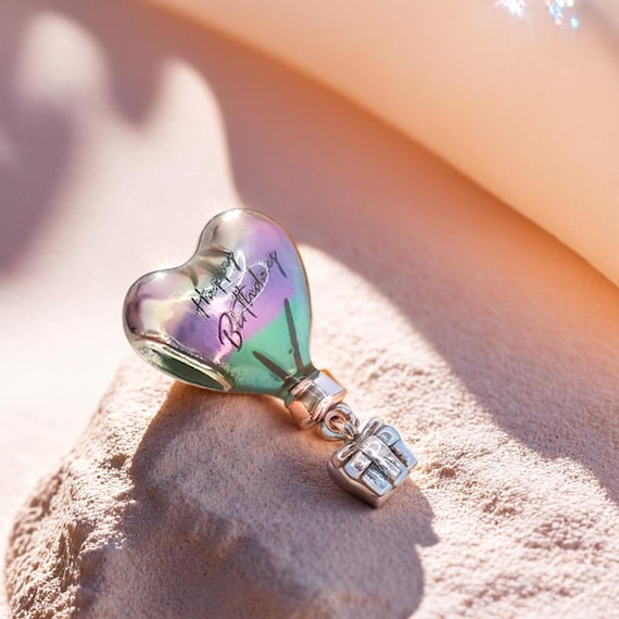 Hot Air Balloon Charm, Silver Happy Birthday Dangle Charm, Cute