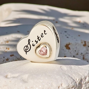 Sister Heart Charm, Sparkling Bead Charm for Bracelet, Unique Family Charms, Trending Jewellery Gift, Pink Stone, Sibling Love Accessory