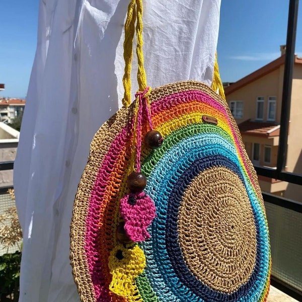 Hand-Woven Round Straw Bag with Rainbow Motif, beach bag, Rattan basket, gift for her, Beach bag, wicker bag, Wedding guest gift