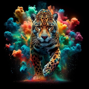 May include: A jaguar with a spotted coat walks through a colorful cloud of smoke. The smoke is a mix of blue, green, orange, yellow, and red.