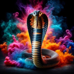 Puede incluir: Una cobra con la capucha desplegada y la lengua bífida extendida, con escamas oscuras y marcas amarillas y naranjas en el vientre, rodeada de vibrantes y arremolinadas nubes de humo rosa, azul, naranja y morado sobre un fondo negro.