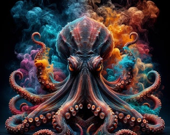 Colourful Misty Octopus, Colorful Ocean Wall Art, Fantasy Animal Wall Art, Printable Colorful Art, AI Generated Art, (4 PNG Bundle)