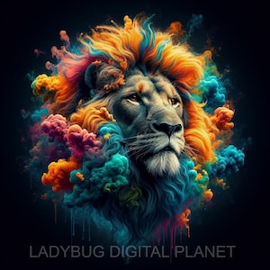 Colourful Lion Digital Printable Art, Vibrant Lion Art, Abstract Animal Wall Art, Playful Printable Lion Art, AI Generated Art, 4 PNG Bundle