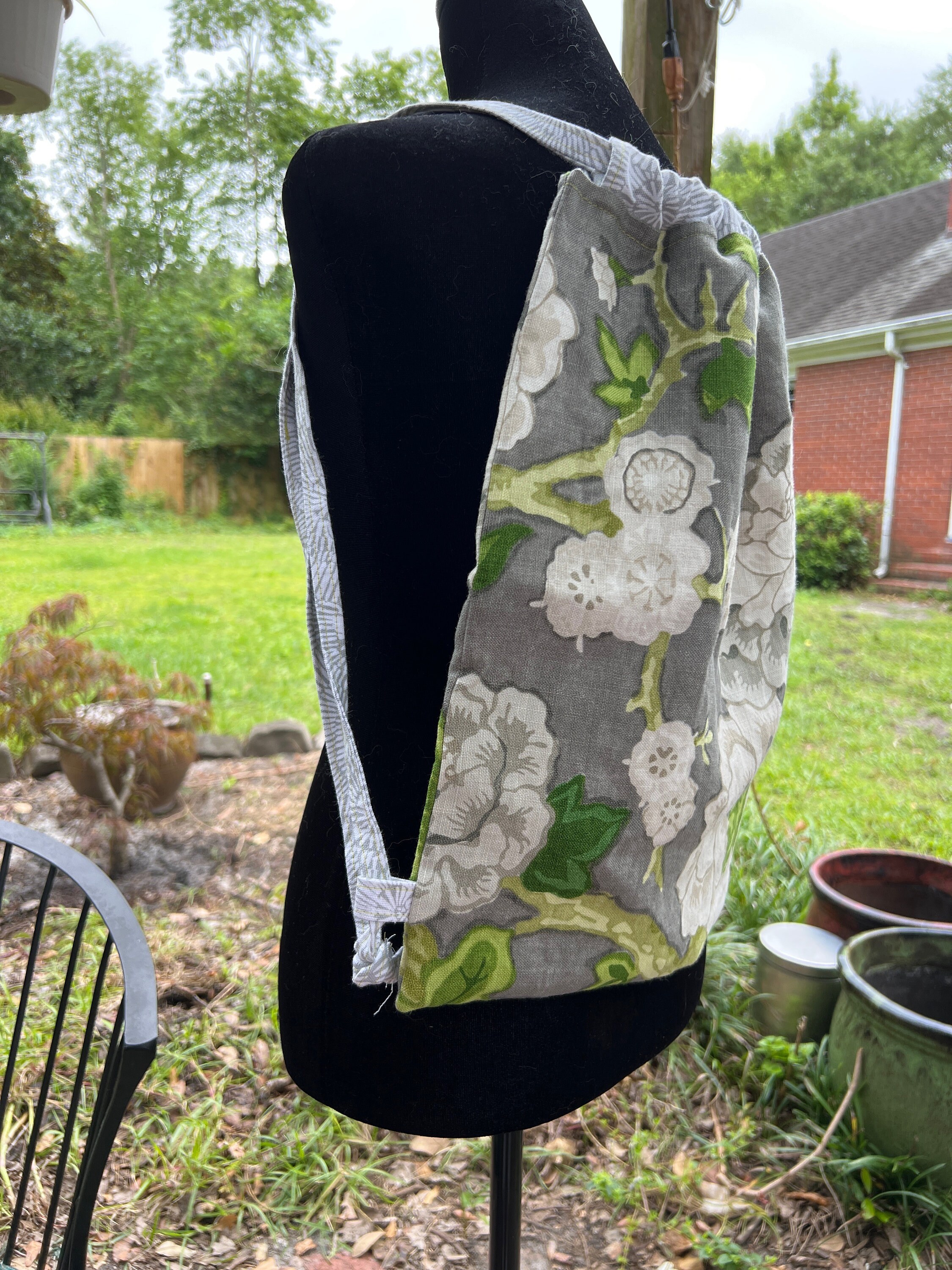 Floral Cotton Canvas String Backpack, Cream, Green, and Gray 