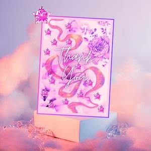Druckbare Dankeskarte, bunt mit Blume, Stern, Himmel, Wolke, Geschenk für Freund, Familie, lila, rosa