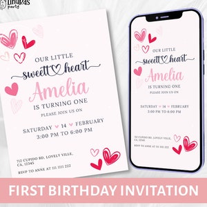 Plantilla de invitación para el primer cumpleaños de Our Little Sweetheart, editable, con tema de corazón rojo y rosa, digital o imprimible, para el primer nacimiento de San Valentín