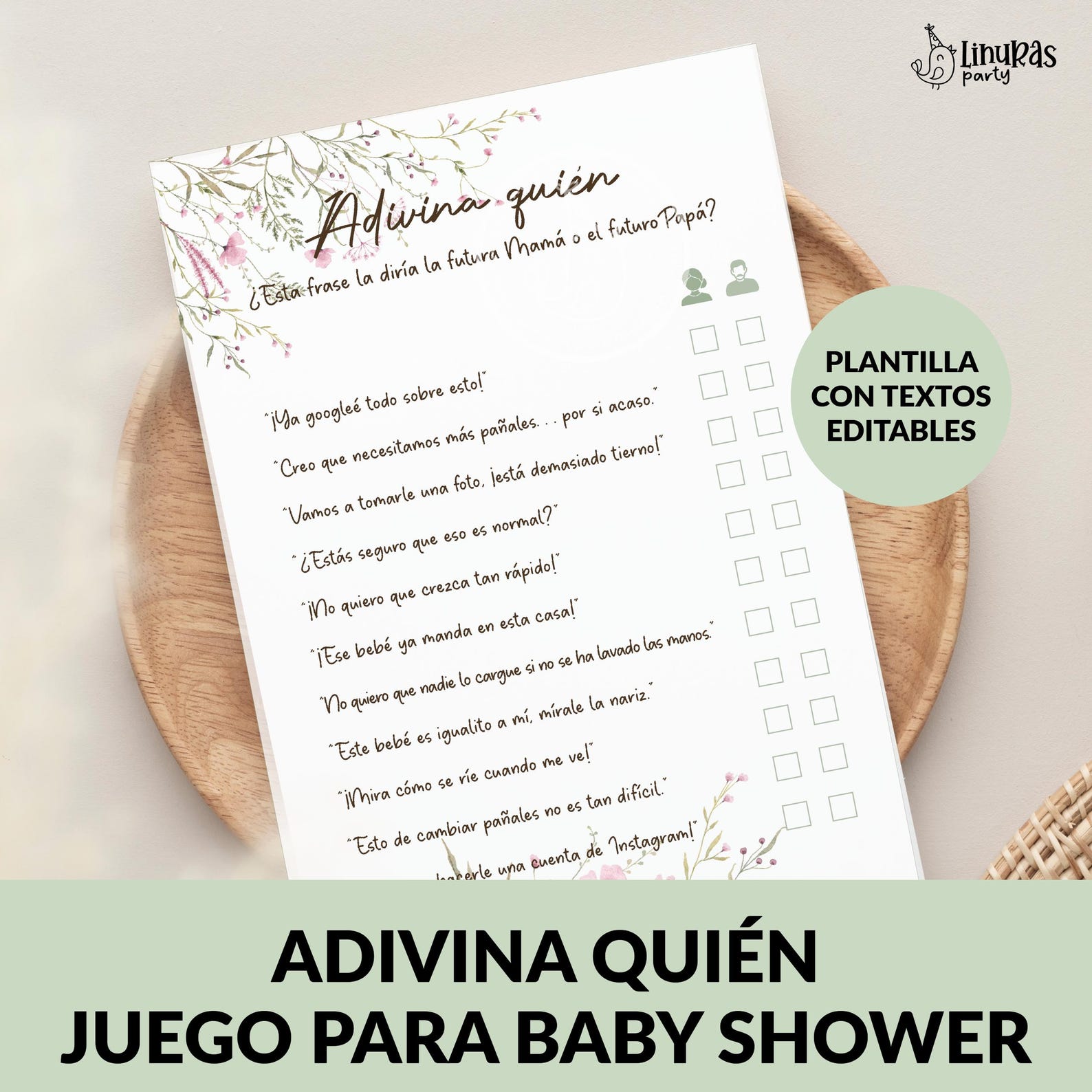 Juego Baby Shower Invitados Actividad Divertida Plantilla Editable