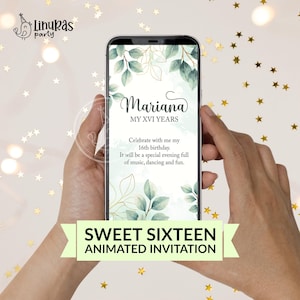 Convite digital personalizado para 16 anos, convite animado floral para aniversário de 16 anos, vídeo personalizado para aniversário de adolescente, cartão eletrônico para 16 anos