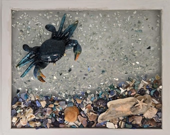 Blue Crab Resin Wall Art | Coastal Beach Decor with Sea Glass, Shells