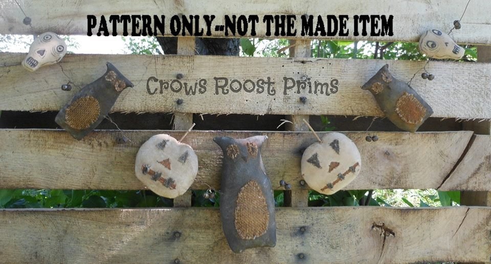 SALE Halloween Primitive epattern-NOT DoLL, Owl, Pumpkin, Skeleton Head Garland - Ornaments  391