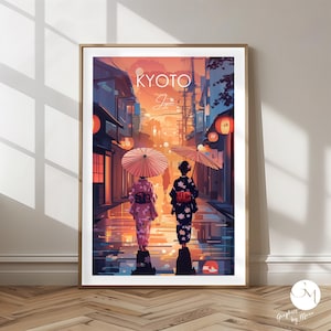 Kyoto Poster Japan – Traditional Alley at Night – Women in Kimono | Japanese Elegance | Cultural Art