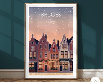 Bruges Winter Poster Belgium – Festive houses in pastel shades | Minimalist Christmas art | Bruges winter decor
