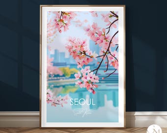 Seoul Travel Print – South Korea Travel Poster – Cherry Blossoms, Skyline, Seokchon Lake – Romantic Wall Art for Asia Lovers | Home Decor