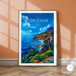 Côte d’Azur Reise Druck Frankreich Cote d’Azur Reiseposter – Mediterrane Wandkunst mit Blick auf Küste und azurblaues Meer