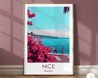 Nice travel print – France travel poster – Promenade des Anglais, palm trees, summer mural, sea view, South of France art