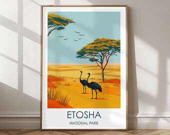 May include: A poster with a blue sky, two ostriches, and a tree. The text "Etosha National Park" is at the bottom of the poster.