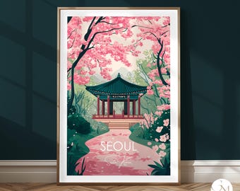 Seoul Travel Print Seoul - Seokpajeong Garden Travel Poster | Korea Print - Pagoda in Spring | Nostalgic Garden Art | Asian Home Decor
