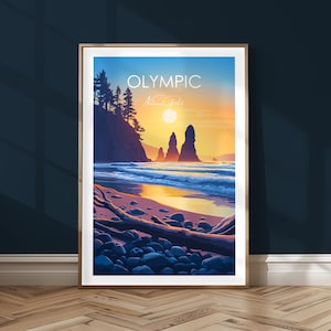 Könnte beinhalten: Eine farbenfrohe Illustration eines Sonnenuntergangs über dem Meer mit einer felsigen Küste und dem Text "OLYMPIC National Park" in der oberen linken Ecke.