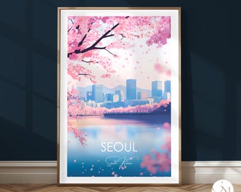 Seoul Travel Print – South Korea Travel Poster with Cherry Blossoms & Skyline at Seokchon Lake – Pastel Wall Art for Travel Enthusiasts