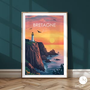 Póster Bretaña Francia - Puesta de sol sobre la costa atlántica | Romántico paisaje costero y vistas al mar | Arte de la naturaleza Francia