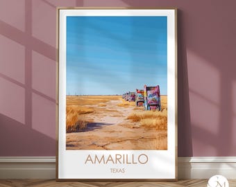 Texas Poster Amarillo – Cadillac Ranch on Route 66 | Modern USA Wall Decor | Travel Illustration Southwest Art