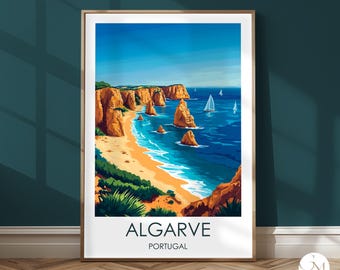 Portugal travel print Algarve - Travel poster, summer coast, cliffs, Atlantic, landscape illustration