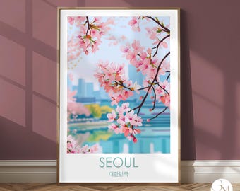 Seoul Travel Print – South Korea Poster with Cherry Blossoms & Skyline – Romantic Wall Art with Spring Vibes | Home Decor