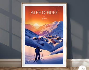 Alpe d'Huez Travel Print | Skiers at Sunset Poster | French Alps Wall Art | Winter Landscape Decor