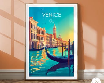 Venice Travel Print – Italy Travel Poster, Gondola, Monuments, Nostalgic Art, Home Decor